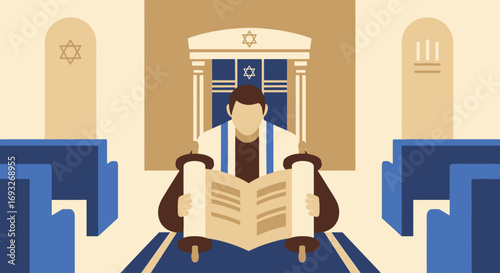 A man wearing a tallit reads from a Torah scroll inside a synagogue, with the Ark and tablets visible in the background.