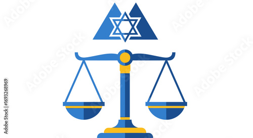 A blue and gold illustration of balanced scales of justice beneath a Star of David symbol.
