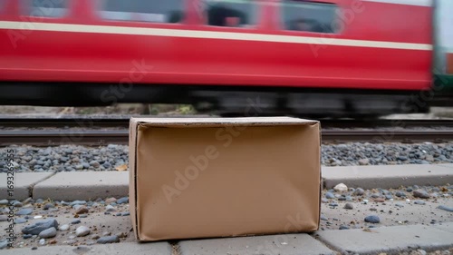 Forgotten Package on Railway: A lone, sealed cardboard parcel sits vulnerably on a railway track, a fast-moving train blurred in the background, conveying a sense of uncertainty, risk, and perhaps.