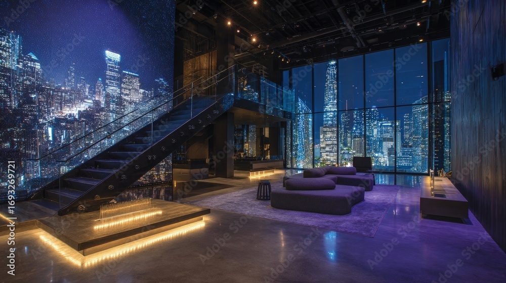 Obraz premium Modern Luxury Nightclub Interior With City View