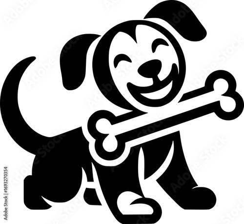 Minimalist black and white vector icon of a dog biting a bone, clean lines, modern style, scalable, perfect for stickers, logos, or digital use.