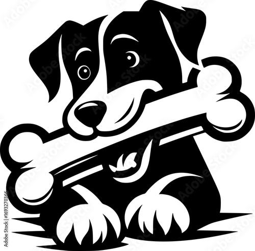 Minimalist black and white vector icon of a dog biting a bone, clean lines, modern style, scalable, perfect for stickers, logos, or digital use.