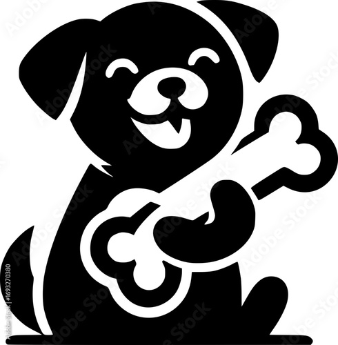 Minimalist black and white vector icon of a dog biting a bone, clean lines, modern style, scalable, perfect for stickers, logos, or digital use.