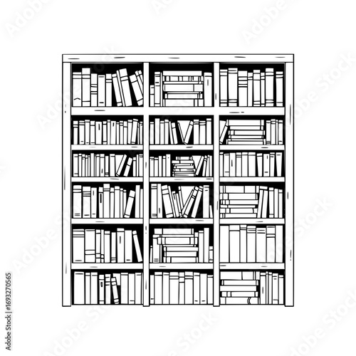 Minimilist illustration of a bookshelf filled with books in a black and white line drawing style, lots of books visible vector