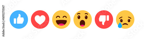 social media emoji reactions including dislike and like icon button , heart love icon , laughing, happy, smile, wow, sad emojis or emoticons | for feedback, interactive, engagement, and messaging apps