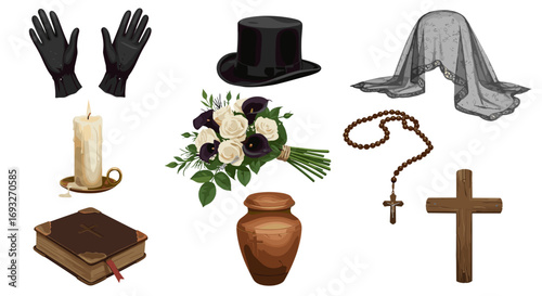 Mourning objects including funeral flowers a candle and a rosary isolated on transparent background