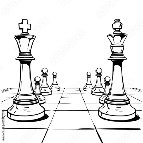 Minimilist chess game illustration featuring two kings and several pawns on a checkered board in black and white style vector