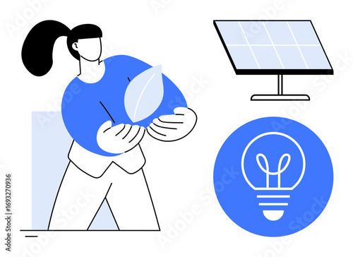 Wallpaper Mural Woman holding a leaf representing eco-consciousness, alongside solar panel and light bulb icons promoting sustainability. Ideal for renewable energy, eco-friendly solutions, environment awareness Torontodigital.ca