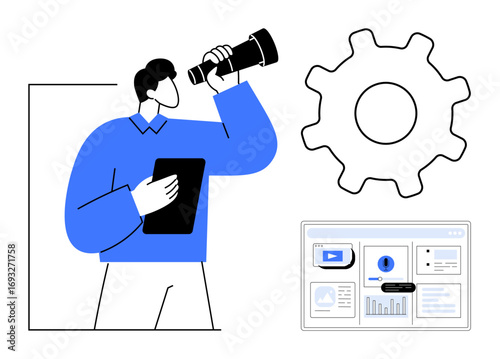 Business professional holding a tablet and looking through a telescope, large gear symbolizing process, desktop interface. Ideal for innovation, analytics, planning, vision, exploration tools
