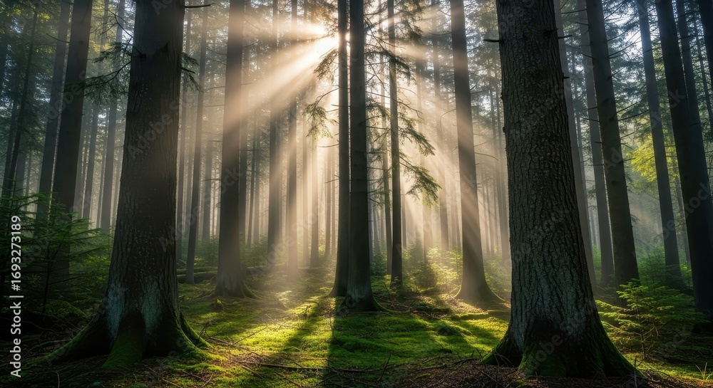 Fototapeta premium Sunlight Streaming Through Forest Trees - Nature Landscape