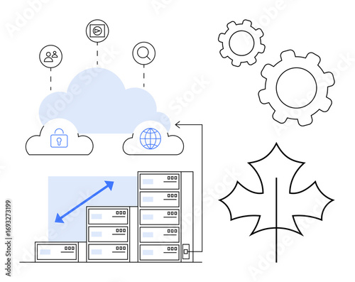 Cloud storage linked to icons of security, global networks. Scalability server racks with growth arrow, gears for management, leaf for sustainability. Ideal for technology, IT, growth, security