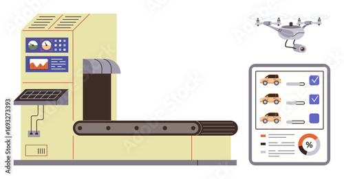 Conveyor system processing products, a flying Quadcopter overseeing, and a checklist monitoring quality. Ideal for manufacturing, automation, robotics, technology, quality control, production
