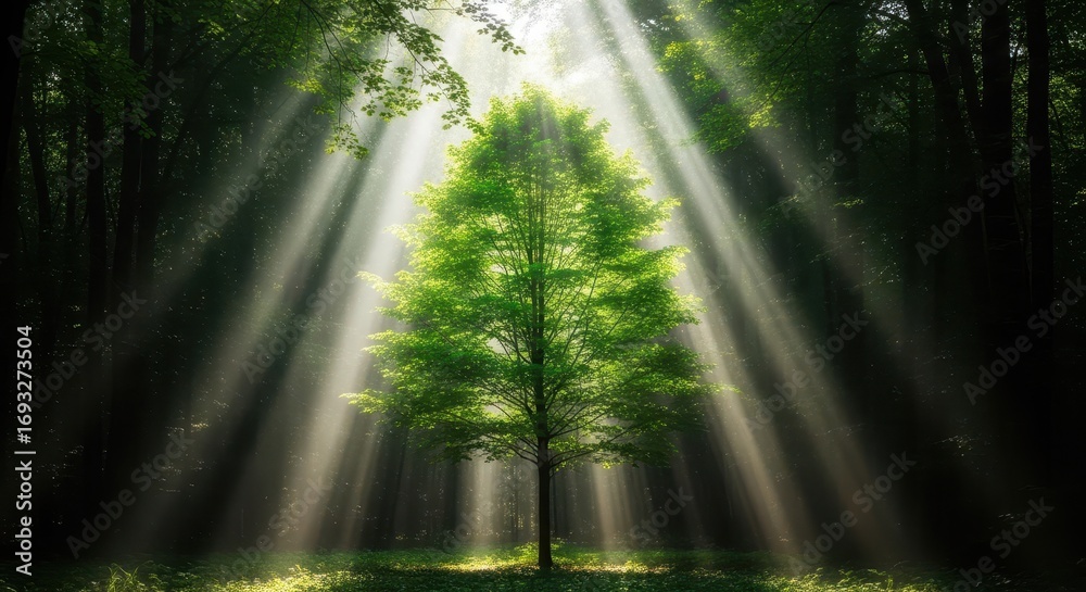 Fototapeta premium Sunlit Tree in Forest, Dramatic Light Rays