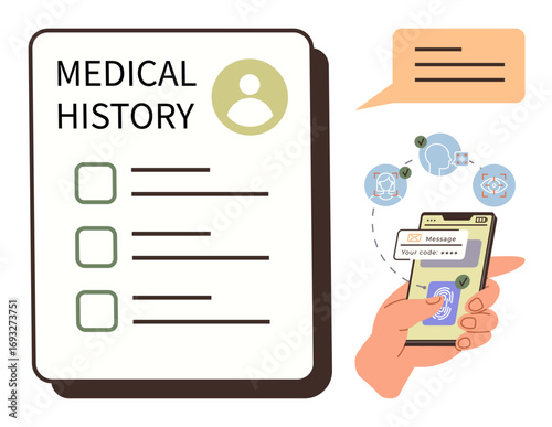 Medical history document, smartphone with passcode verification, and message bubble. Ideal for healthcare, data security, telemedicine, digital innovation, patient communication, privacy simple flat