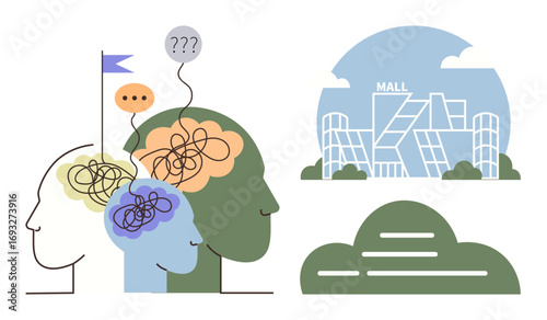 Three abstract heads with tangled lines symbolize confusion, ideas, and goals nearby, a shopping mall highlights choices. Ideal for decision-making, communication, psychology, self-improvement