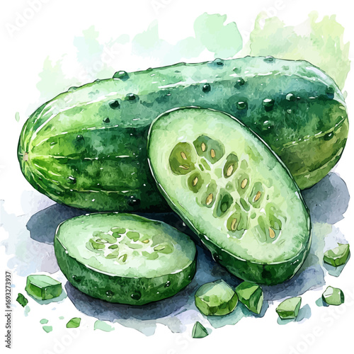 Cucumber, watercolor painting vector, isolated on a white background.