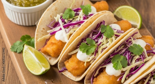 Fototapeta Naklejka Na Ścianę i Meble -  Delicious Fried Fish Tacos With Fresh Toppings And Lime Wedges