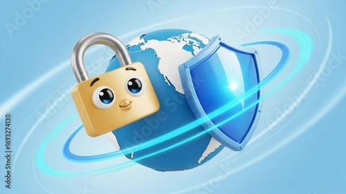 Animated Padlock and Shield Protecting Earth Illustration