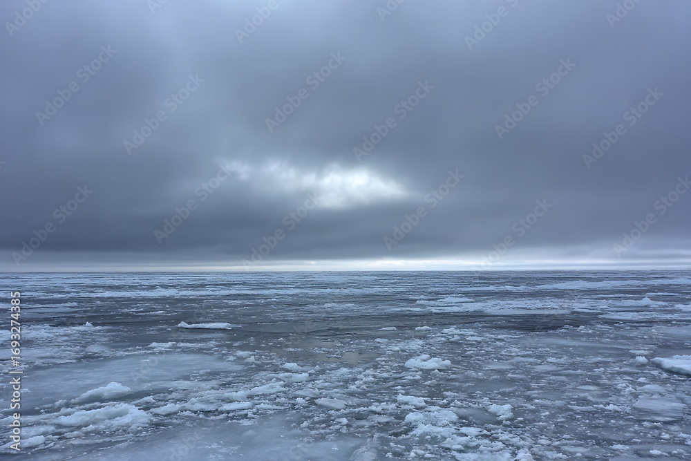 Fototapeta premium Peaceful Blue Serenity Frozen Landscape Under Moody Skies