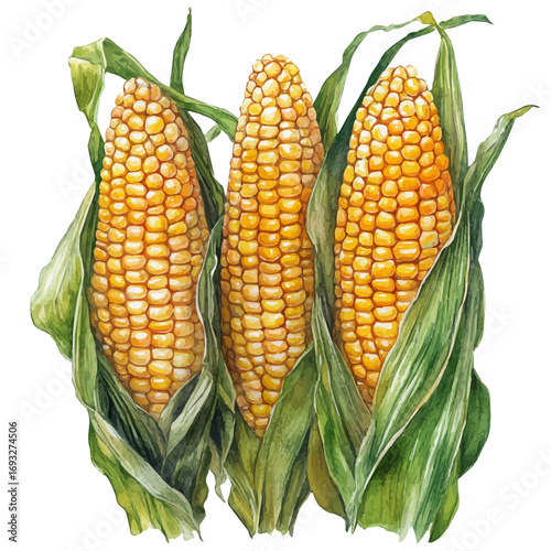 Corn, watercolor drawing vector, isolated on a white background.