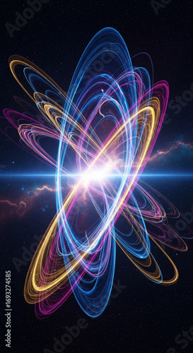 Colorful glowing energy rings, abstract light trails, and cosmic background create futuristic, dynamic, and vibrant visual, evoking sense of wonder and high technology