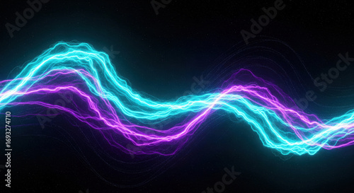 Electric blue and purple neon light waves flow dynamically across dark background, creating vibrant, energetic, and futuristic abstract digital art design