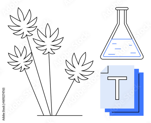 Cannabis plant sketches, flask with liquid for experiments, documents. Ideal for research, science, technology, medicine, legalization, education simple landing page