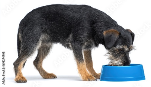 Dog eating from blue bowl