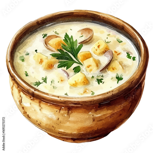 Clam Chowder, watercolor vector, isolated on a white background.