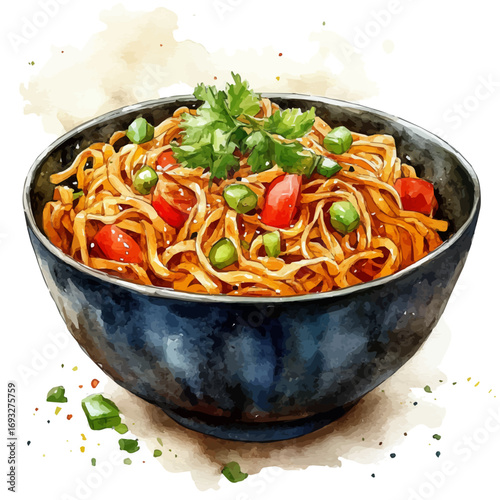 Chow Mein, watercolor clipart vector, isolated on a white background.