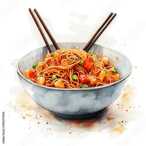watercolor of Chow Mein, vector, isolated on a white background.