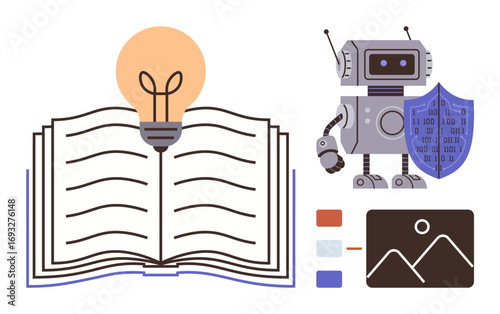 Open book with glowing lightbulb symbolizes knowledge robot with shield suggests technology and AI security charts depict data insights. Ideal for education, AI, innovation, knowledge, science