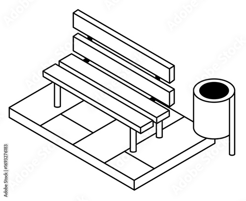 Modern isometric design of a bench with an urn in urban space