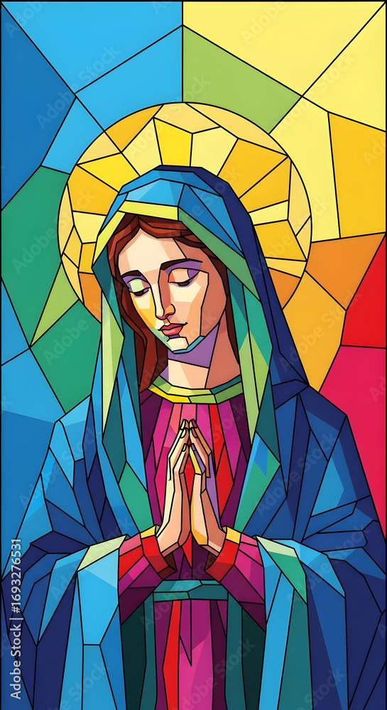 Fototapeta premium Praying Woman in Geometric Stained Glass Style Illustration