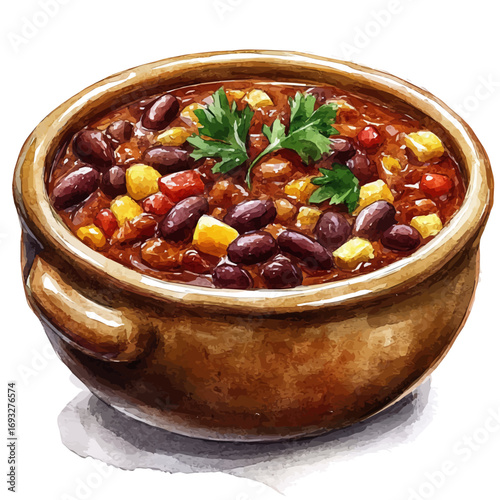 Chili Con Carne, watercolor clipart vector, isolated on a white background.