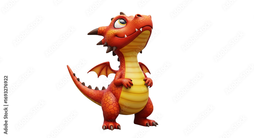 Fototapeta premium Charming cartoon dragon stands with a hopeful gaze, created digitally, on transparent background