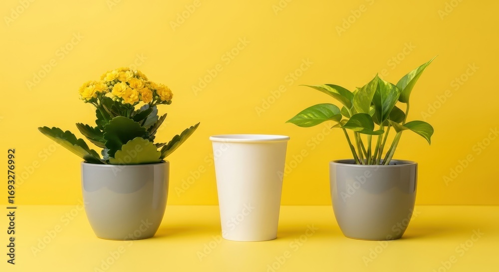Fototapeta premium Yellow Flowers and Green Plants with Coffee Cup on Yellow Background