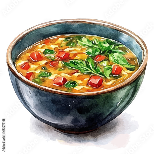 Chicken Noodle Soup, watercolor drawing vector, isolated on a white background.