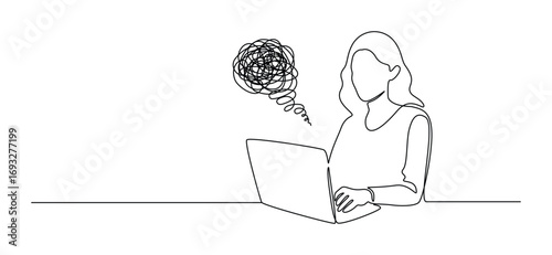 Burnout at work in one continuous line drawing. Symbol of businesswoman and female student in simple linear style. Stress and fatigue concept in Editable stroke. Doodle outline vector illustration