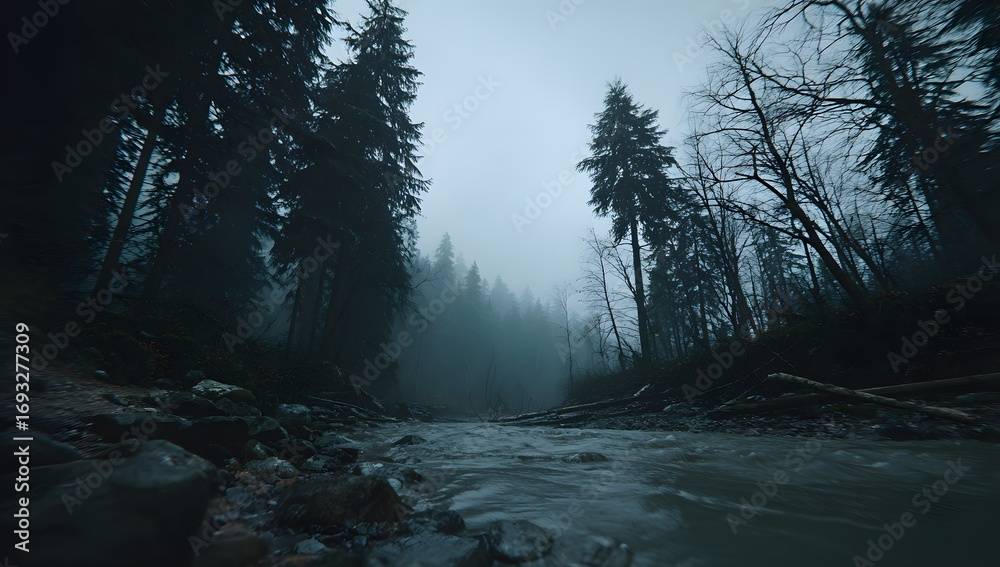 Naklejka premium Misty Forest Stream Enshrouded In Gloomy Embrace