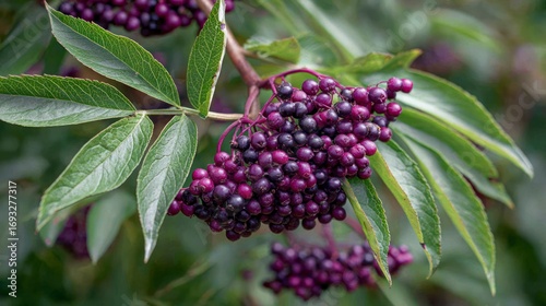 Purple elderberry clusters on branch