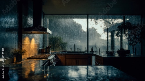 Rainy kitchen interior view