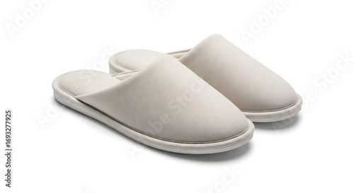 Pair of soft, beige, closed-toe slippers on a white background.