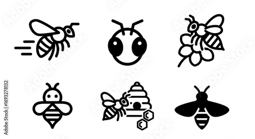 A diverse collection of minimalist bee and honeybee icons for nature-themed graphic design