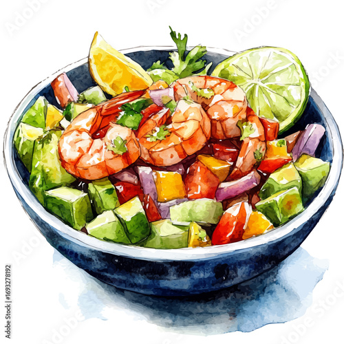 watercolor of Ceviche, vector, isolated on a white background.
