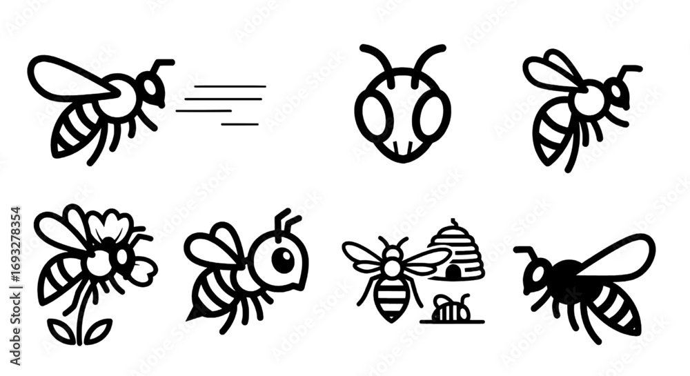 Obraz premium A vector graphic collection of bee icons. Simple line art honeybee symbols for nature logos