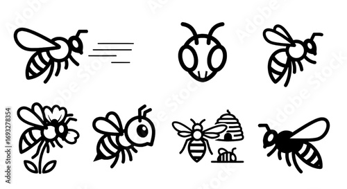 A vector graphic collection of bee icons. Simple line art honeybee symbols for nature logos