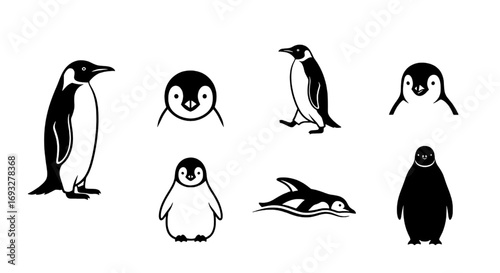 Stylized black and white penguin vector illustrations depicting various poses and ages for arctic-themed designs