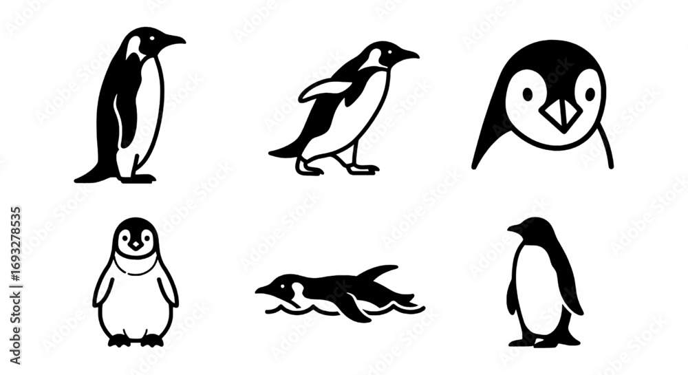 Obraz premium Penguin Icons Black and White Vector Illustrations