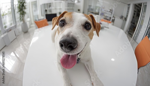 Happy dog on a white table